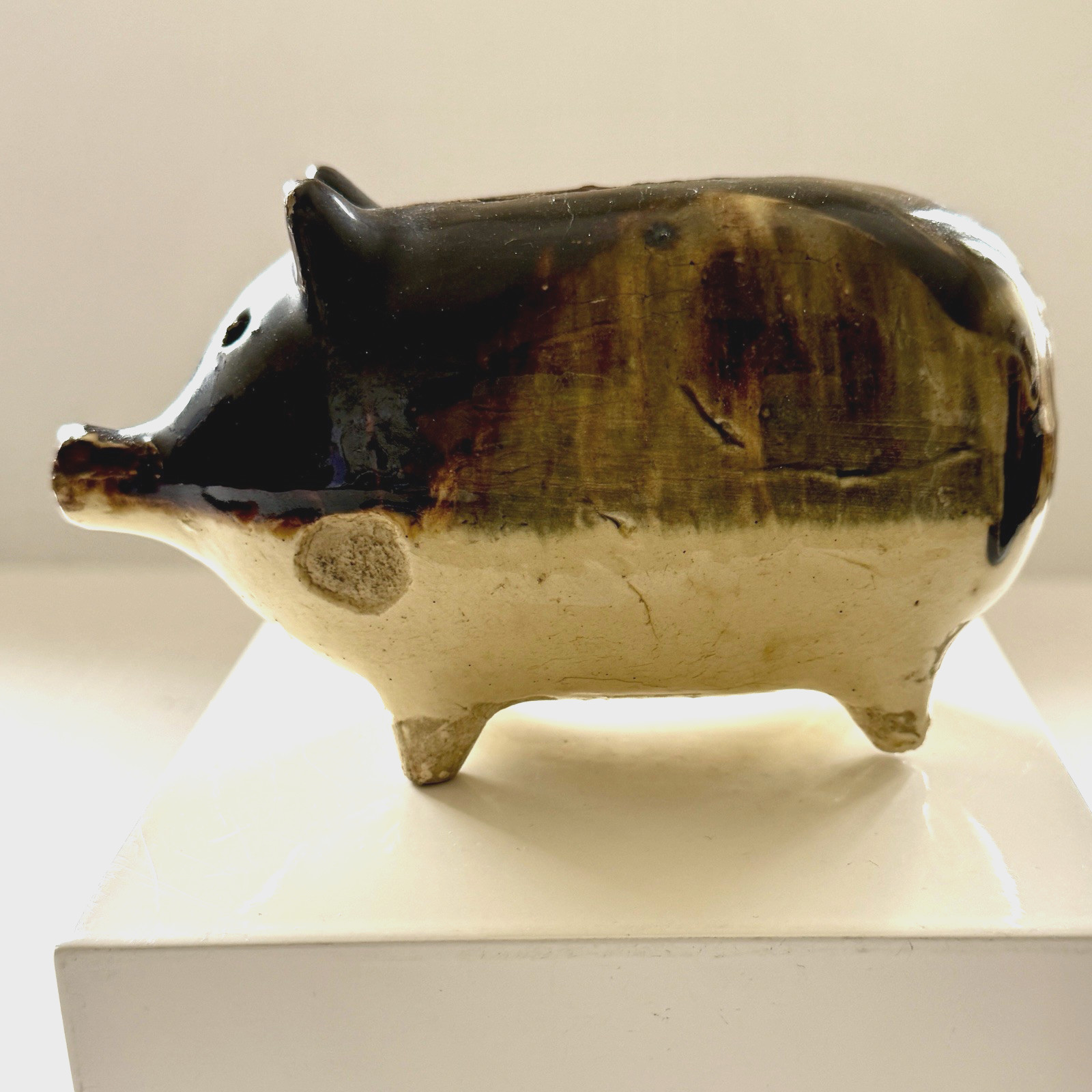 Antique Austrian Stoneware Piggy Bank Hole Eyed Drip Glaze Yellow Ware Pig 6\ Antique Austrian Stoneware Piggy Bank Hole Eyed Drip Glaze Yellow Ware Pig 6\