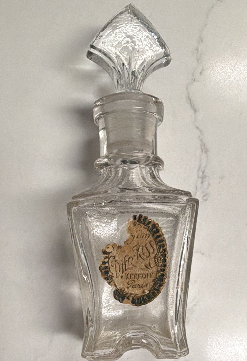 Vintage kerkoff Kiss Perfume Bottle With Stopper And Label. 1930s Eifel Tower