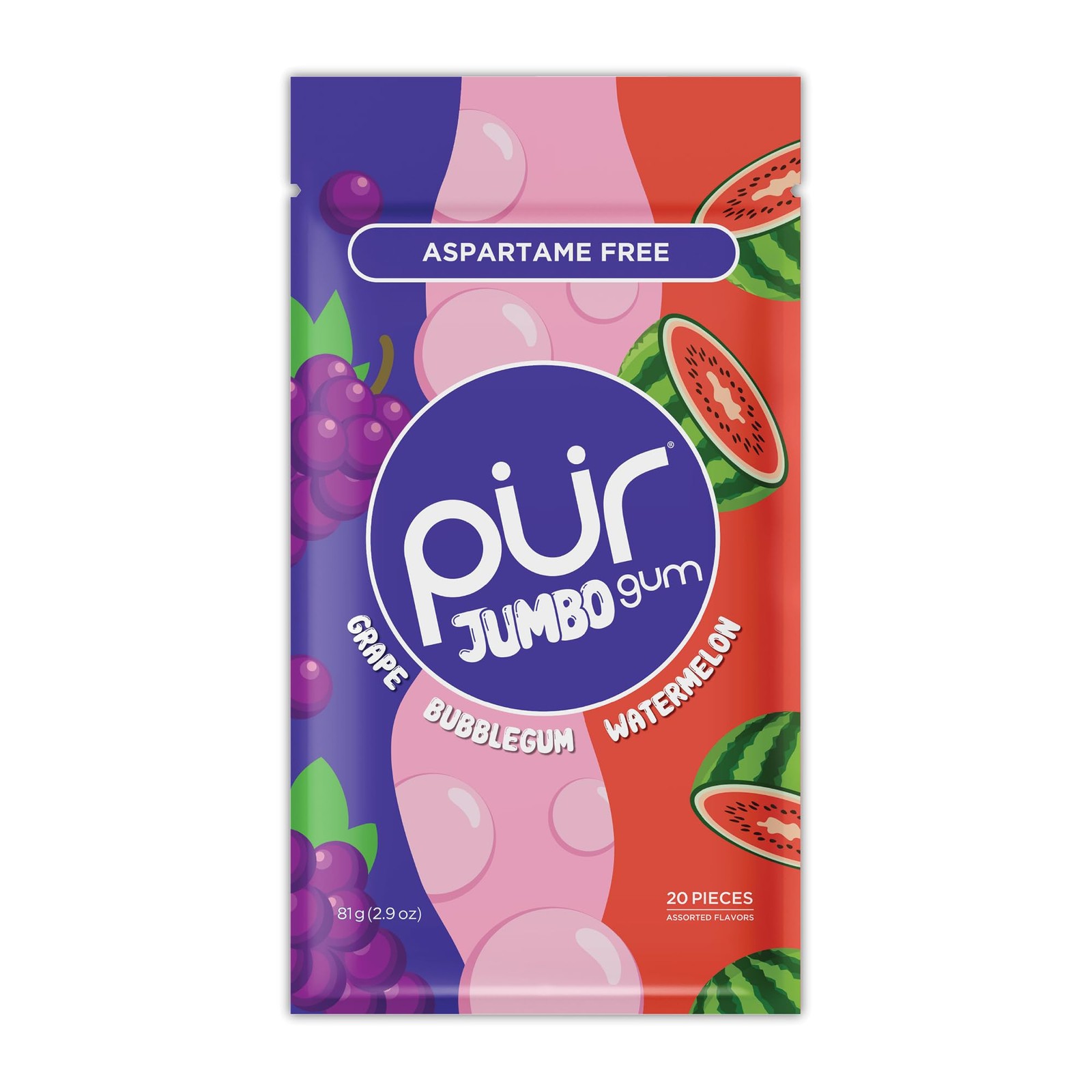 PUR Jumbo Gum, Grape, Bubblegum, Watermelon, 20 Count (Pack of 1), Fruit Mix PUR Jumbo Gum, Grape, Bubblegum, Watermelon, 20 Count (Pack of 1), Fruit Mix