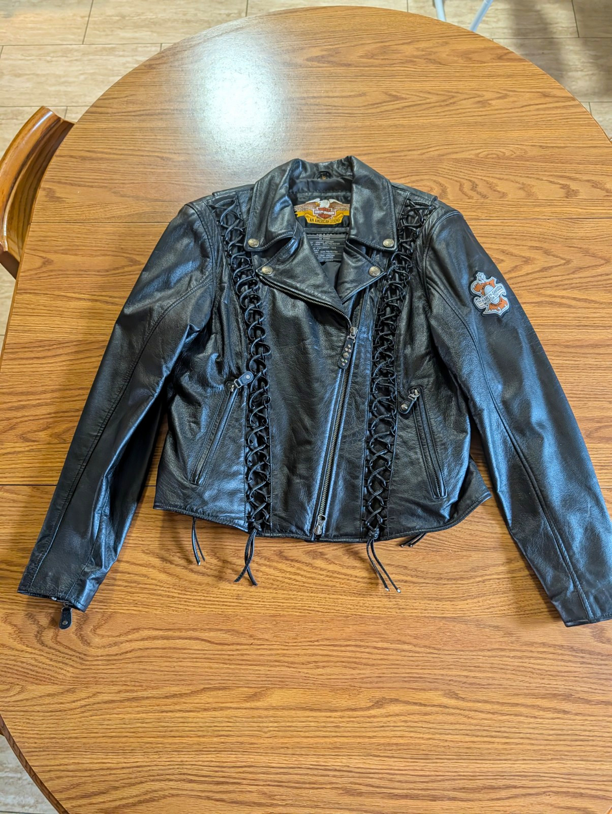 Harley-Davidson Black Leather Lace-Up Jacket w/ Embroidered Patches, Large W