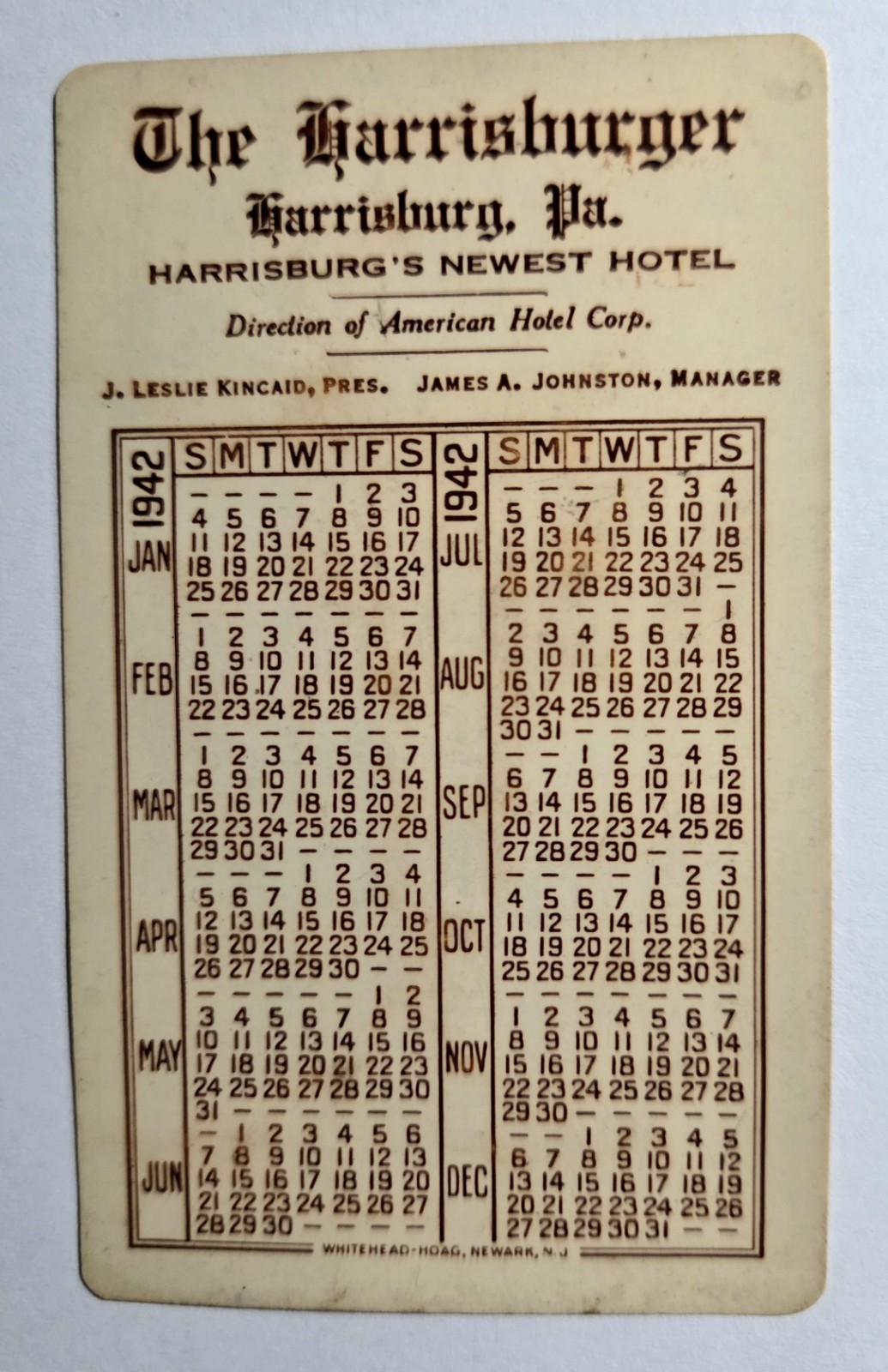 1942 Harrisburger Hotel Laminated Pocket Calendar