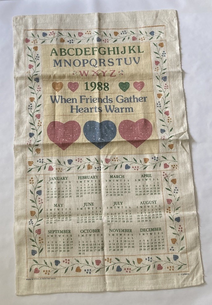 Vintage Cloth Calendar 1988 Kitchen Tea Towel Floral Vines Of Hearts Feinedship