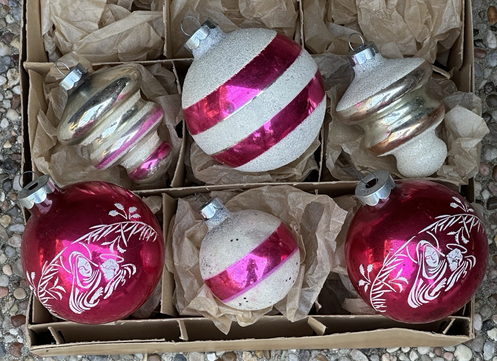VTG Franke Made In USA Pink Confetti Tornado Mica Stripe Stencil Glass Ornament VTG Franke Made In USA Pink Confetti Tornado Mica Stripe Stencil Glass Ornament