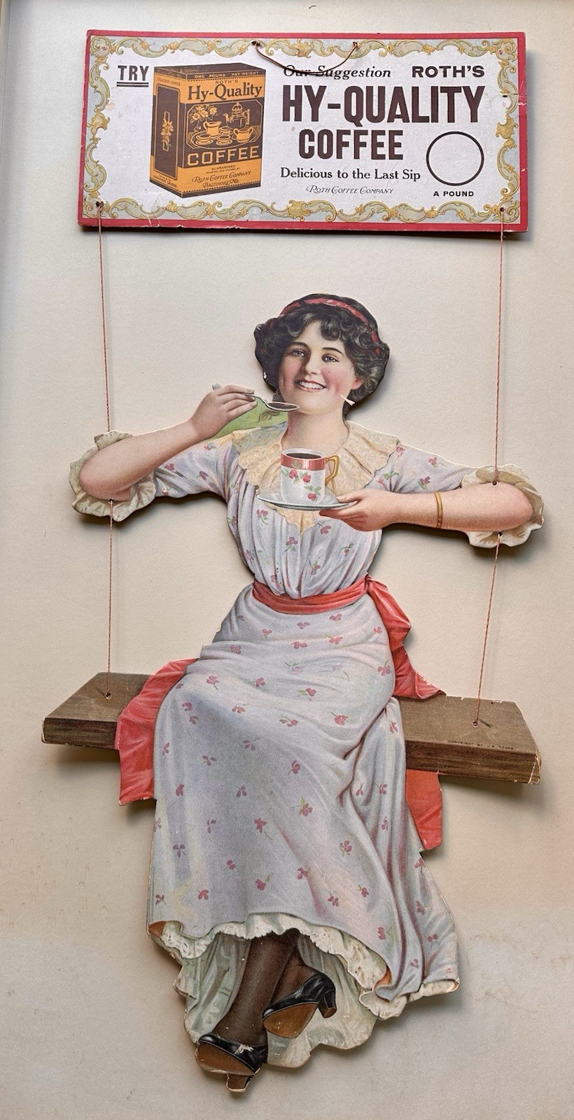 Antique Coffee Die Cut Sign 2 Piece Roth Hy-Quality Large 1920’s Swinging Girl
