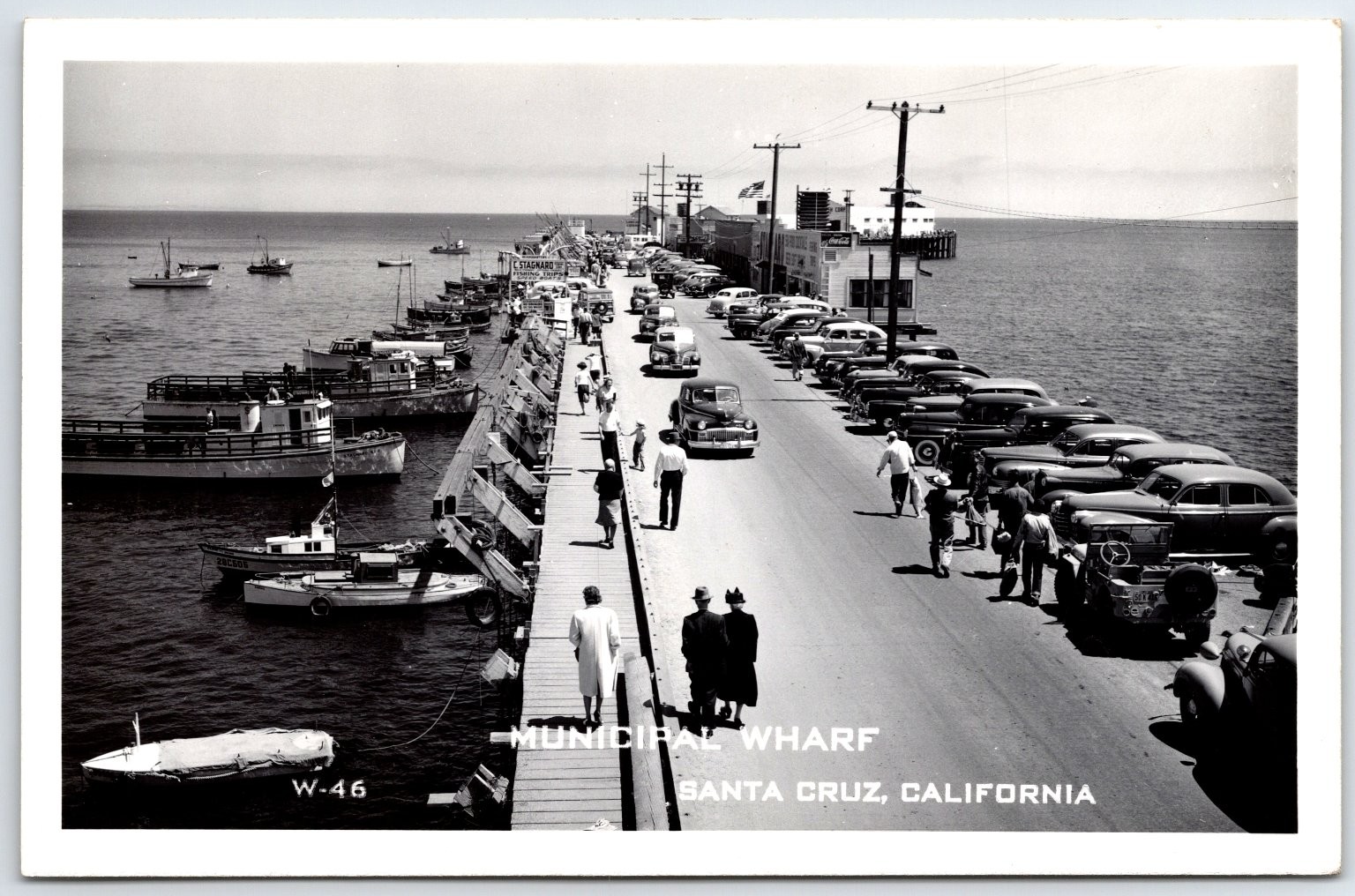 Santa Cruz California Municipal Wharf RPPC 1940s 1950s Cars Boats W-46
