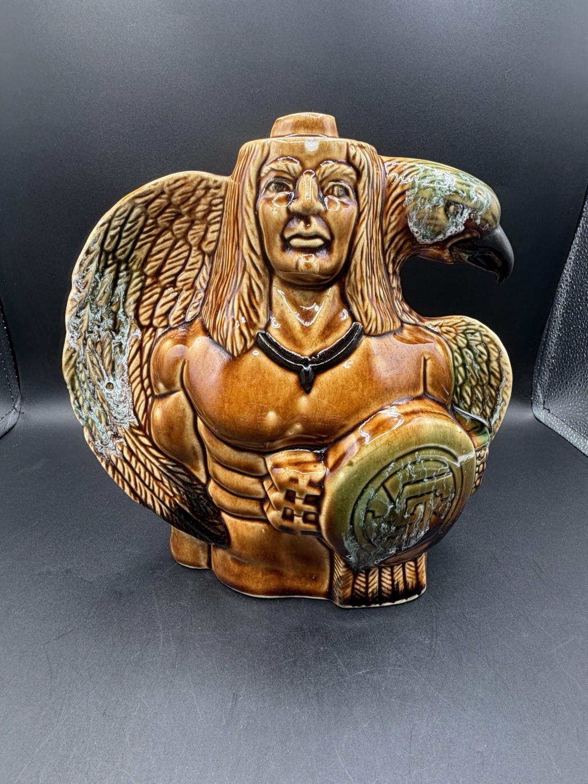 VTG Drip Glaze Pottery Native American Warrior Eagle Liquor Decanter 9” Barware