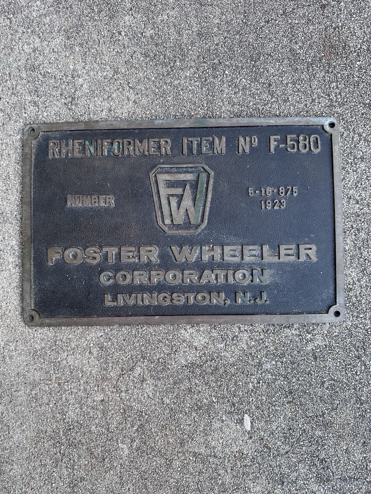 Antique 1923 Foster Wheeler Corp Bronze Brass Industrial Plaque F-580 NJ 11”