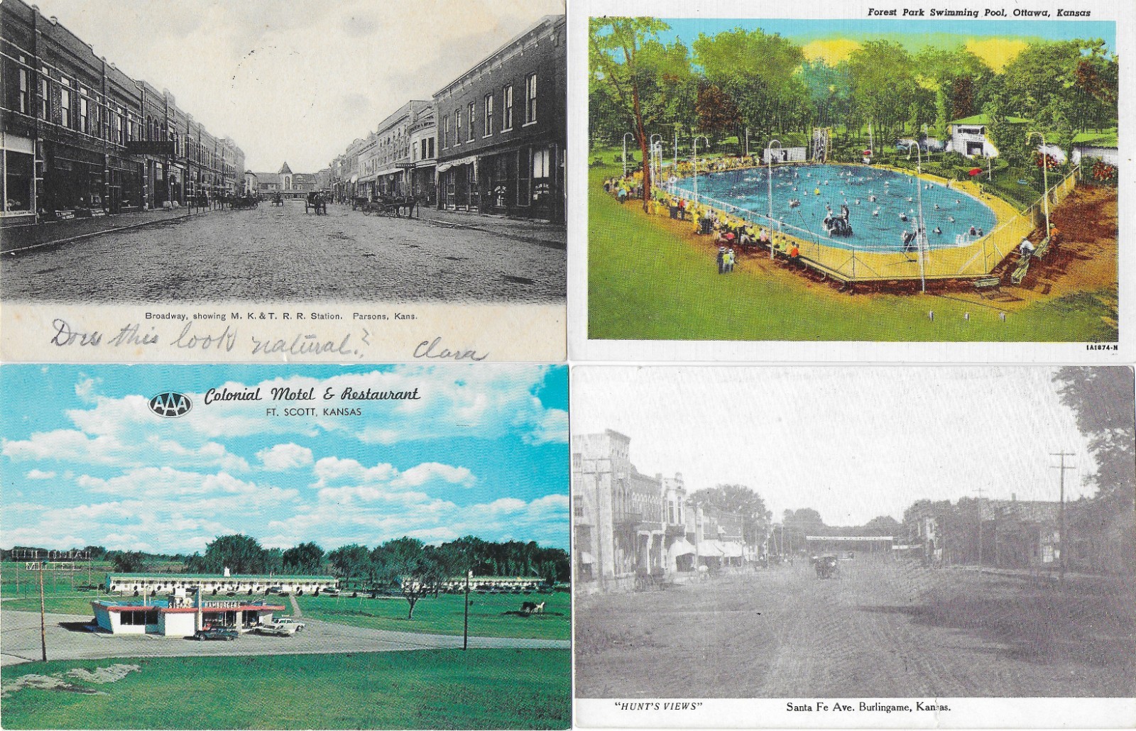 4 KANSAS Postcards - PARSONS / OTTAWA / FT. SCOTT / BURLINGAME Postcards