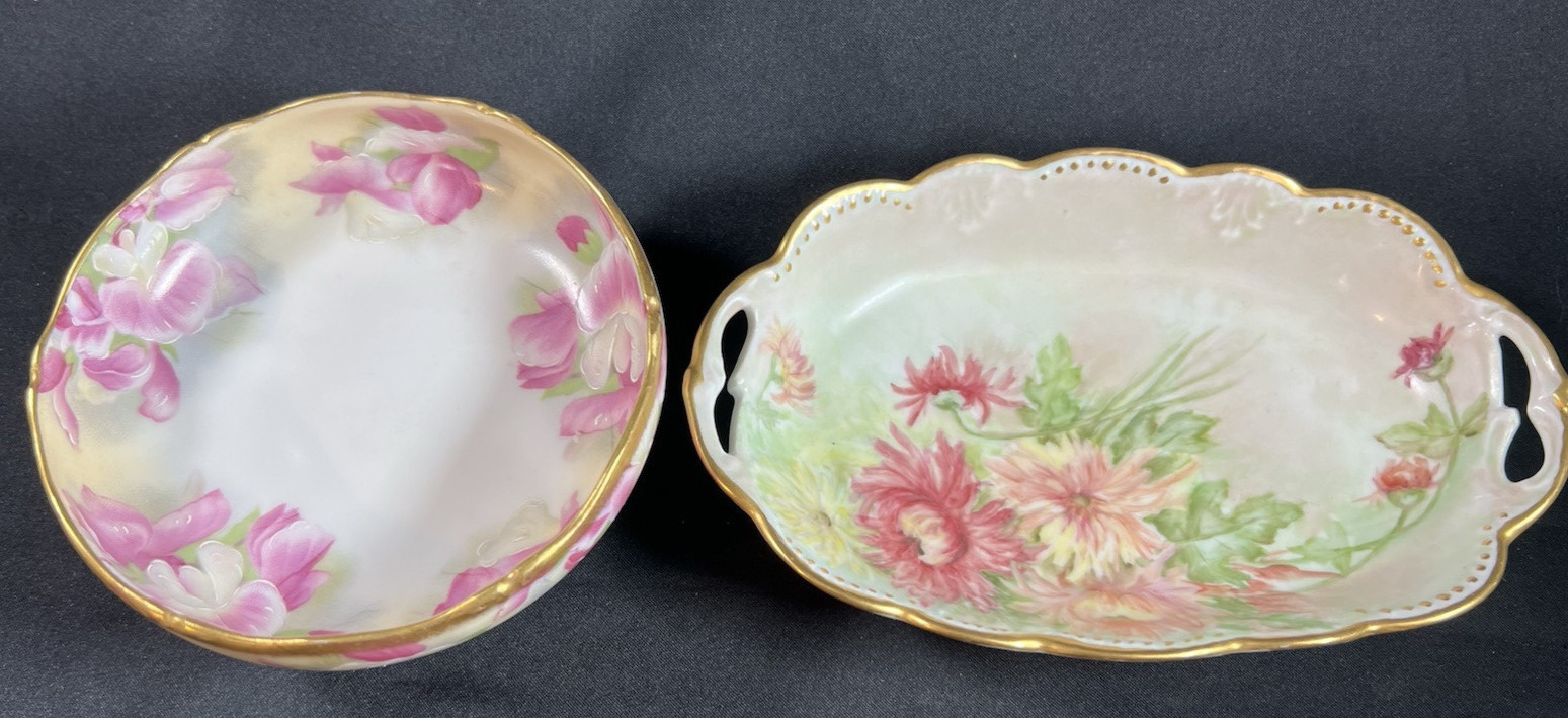 Two Antique Limoges Floral & Gold Jewelry Candy Trays-Exquisite