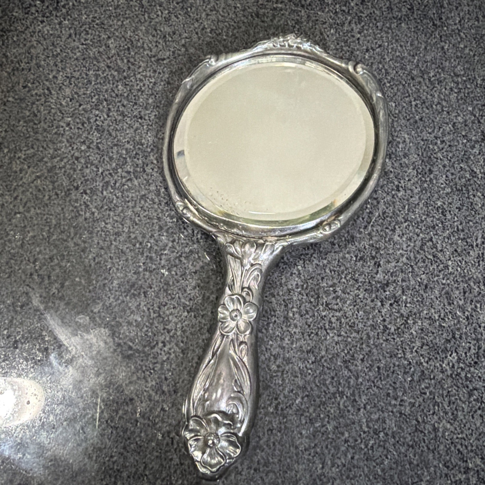 Antique Pewter Art Nouveau Victorian Boudoir Lady Floral Handle Vanity Mirror