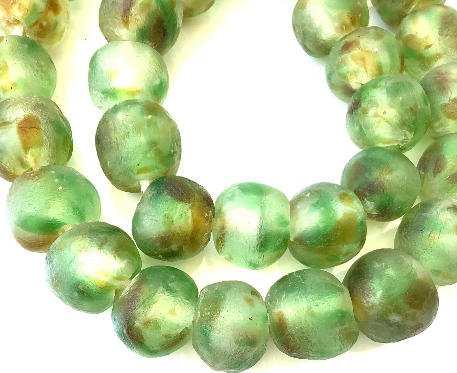 Extra Large Ghana Krobo recycled Green multi col Glass African trade Beads-Ghana