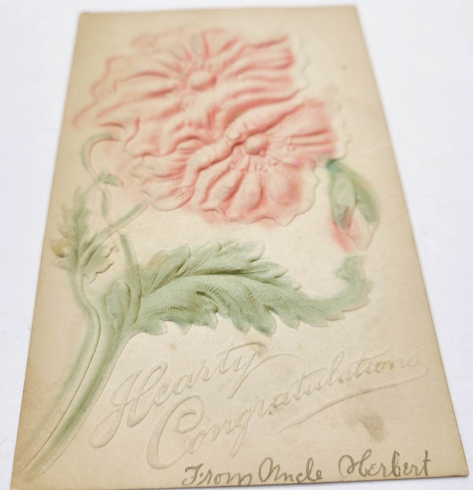 Antique Congratulations Greetings Postcard Heavily Embossed Flowers Unmailed