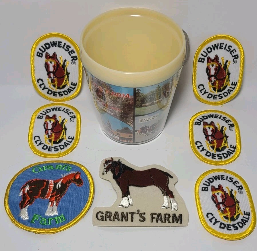 Vtg LOT NOS Grant’s Farm Missouri Souvenir Patches & Cup Budweiser Clydesdales 