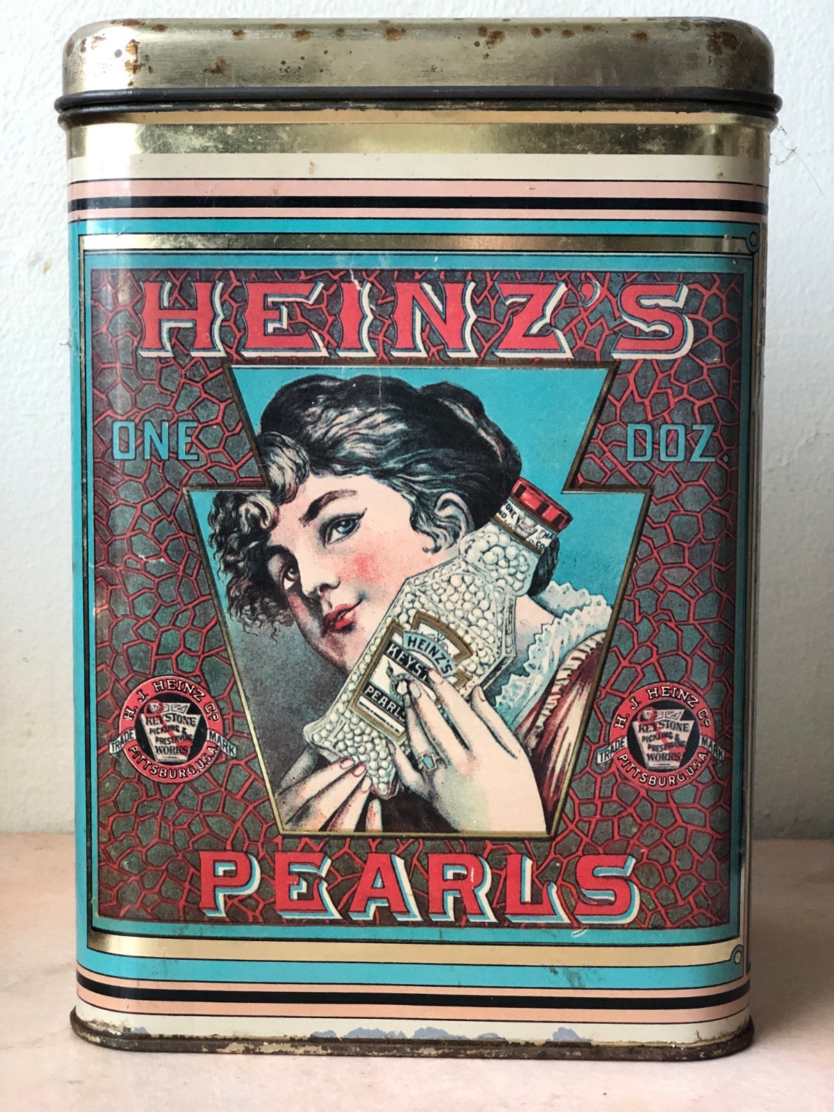 Large Vintage H J Heinz\'s Pearls Tin Canister Victorian-Style Advertisement