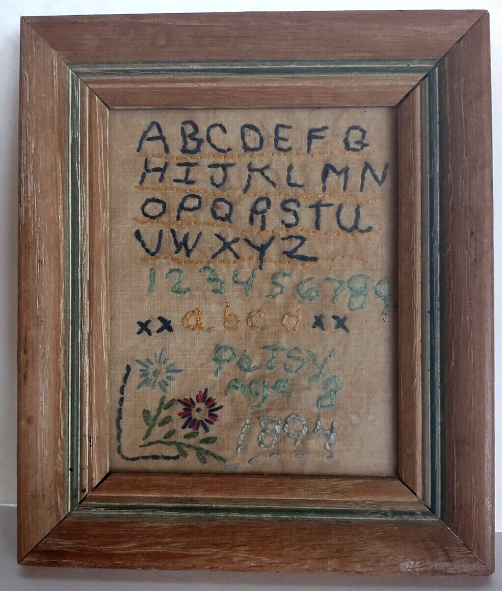 Antique 1894 Framed Small Folk Art Sampler ABC'S & Numbers by Patsy Age 8