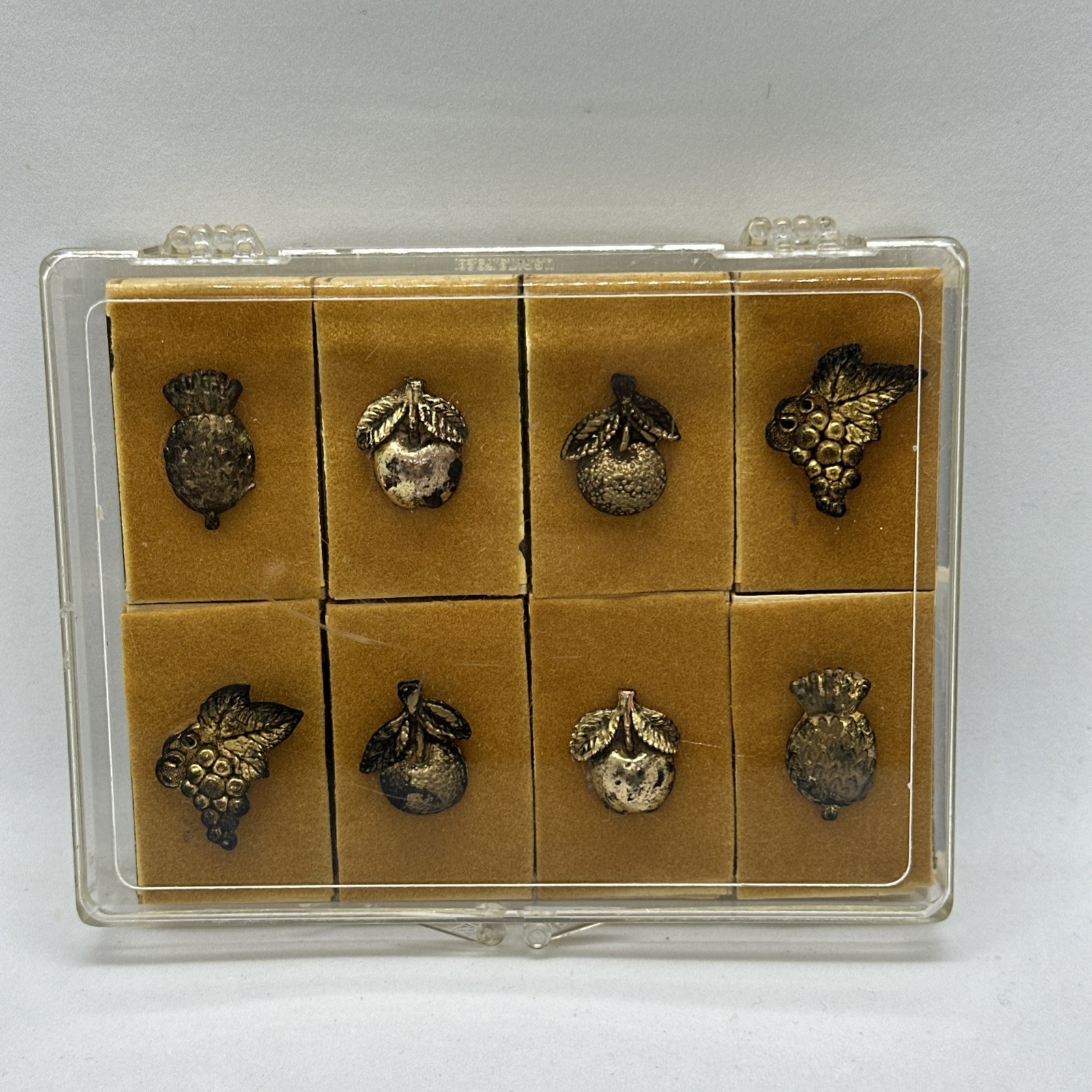 VTG Gold Wood Matches Set of 8 Silver Tone Metal Fruits Design Made in Italy