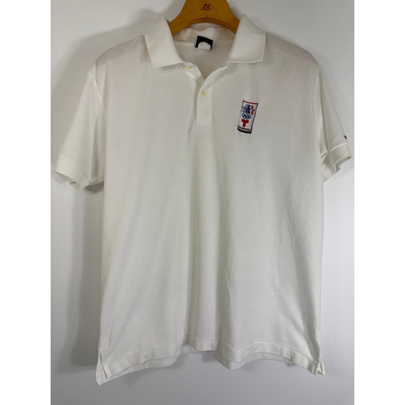 Vintage 80s Levis Men XL White 1984 LA Olympic Transamerica Corporate Polo Stain