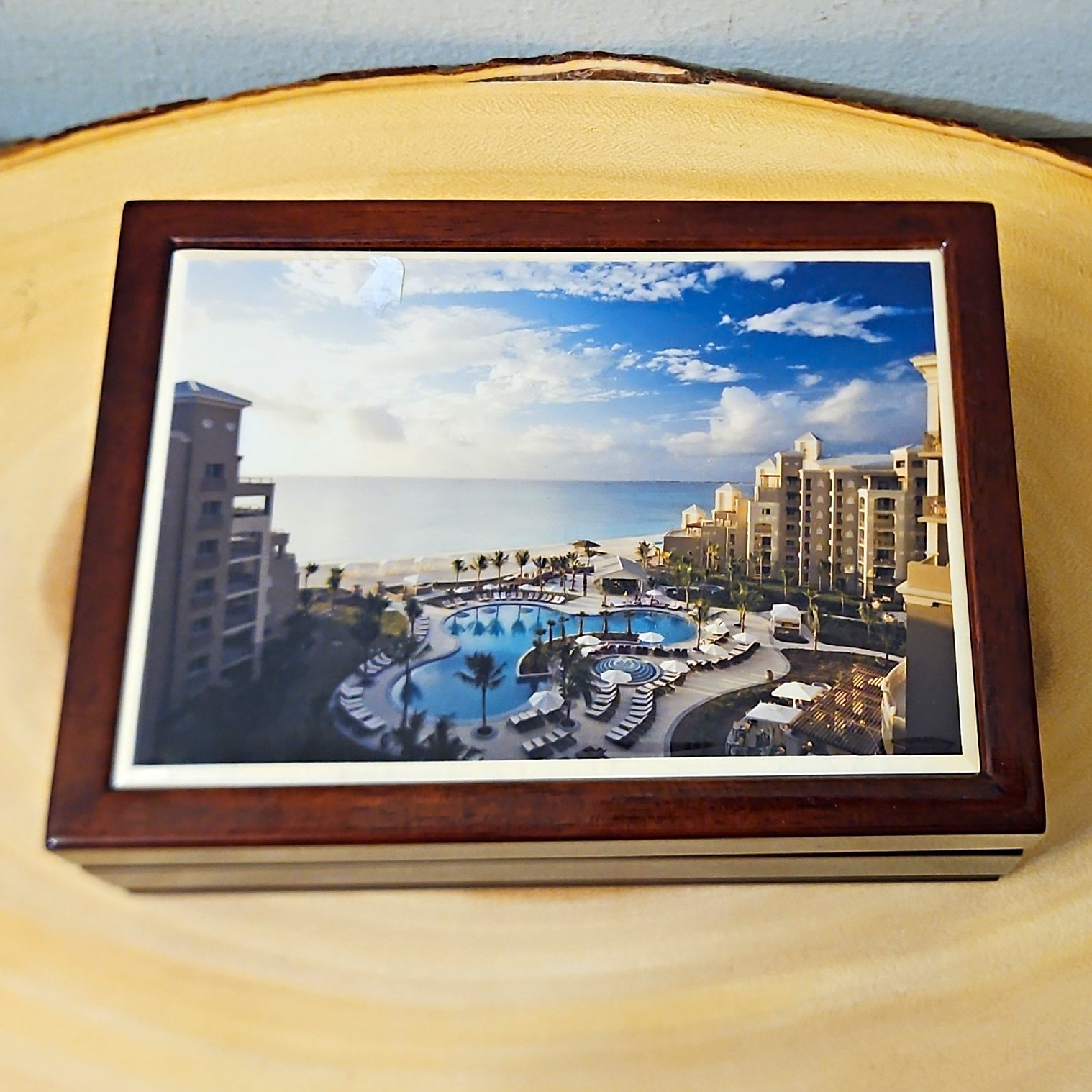 The Ritz-Carlton Grand Cayman Wood Memory Box w/ Hinged Lid Brown Rectangle