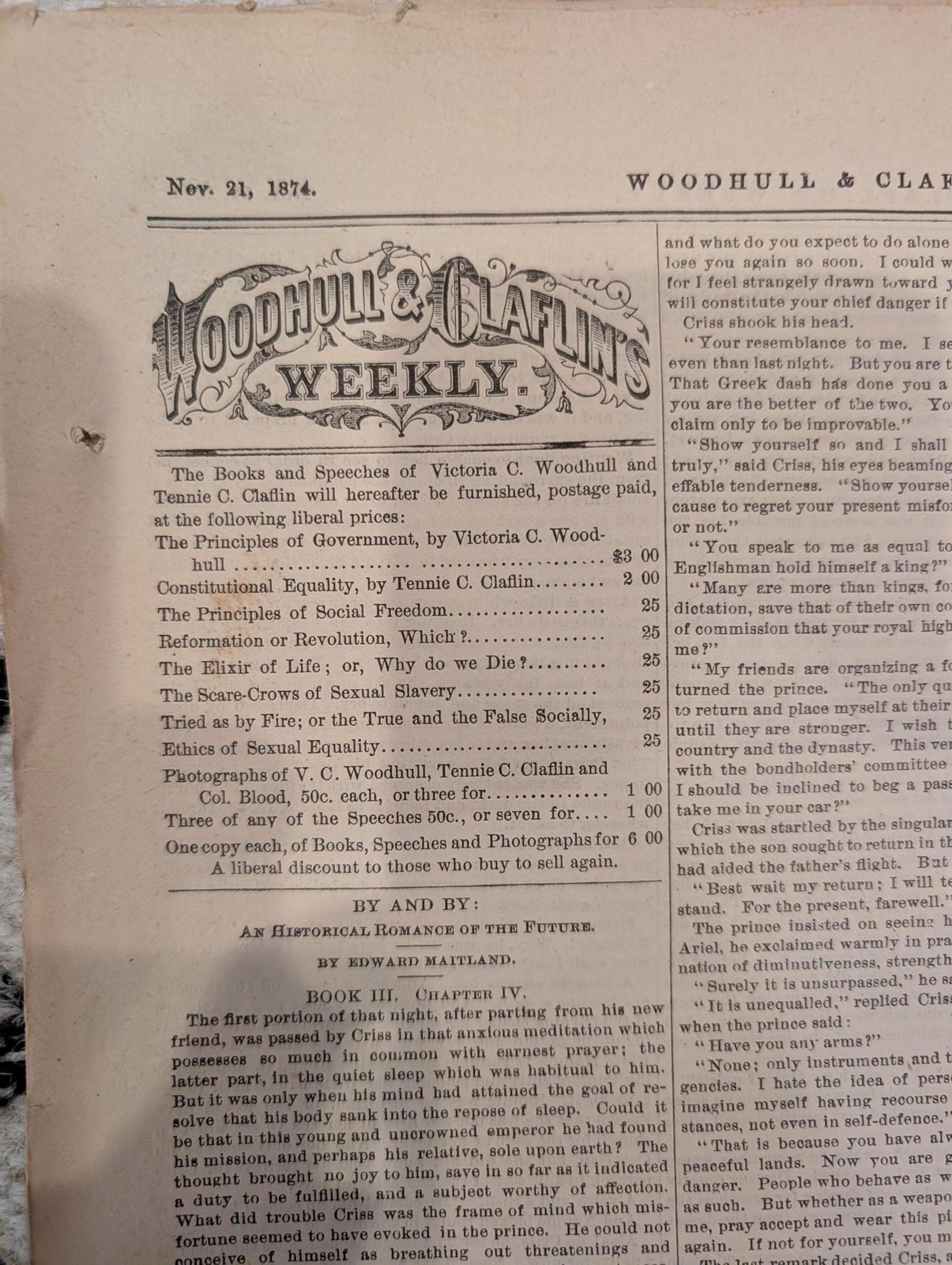 1874 Woodhull & Claflins Weekly — Victoria Woodhull, High Altitude Flight Nov 21