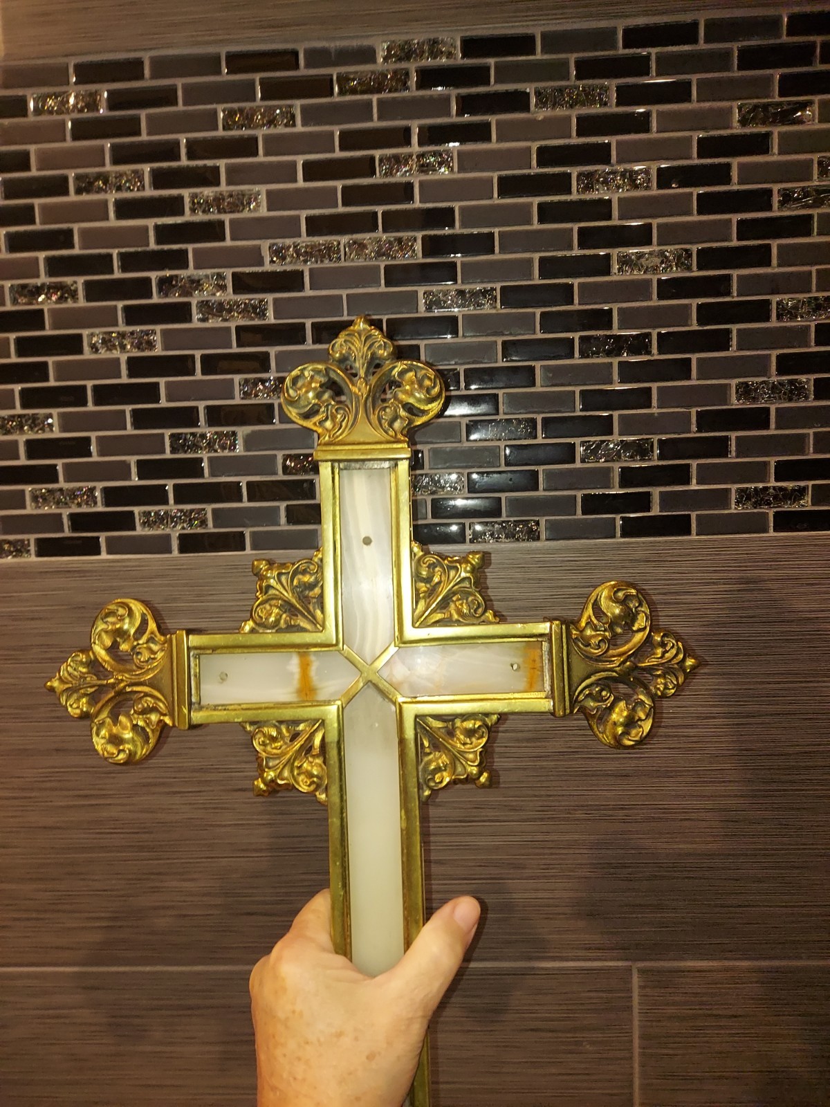 VTG Baroque Brass Cross Banded Stone Inlay Scrollwork Heavy ~5.25 lb, Vampires