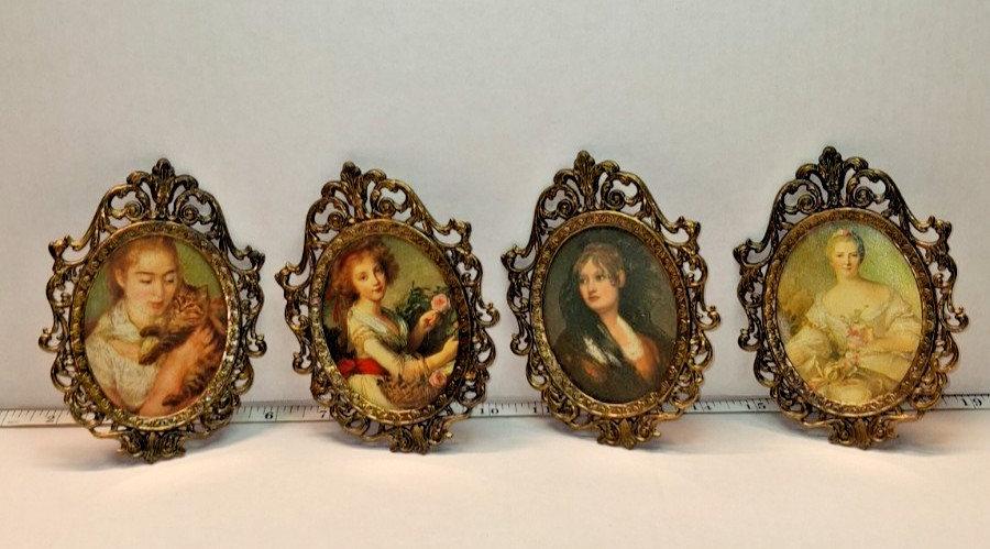 Nice Vintage Lot of (4) Italian Made, Brass Framed,Miniature Cameo Style Prints Nice Vintage Lot of (4) Italian Made, Brass Framed,Miniature Cameo Style Prints
