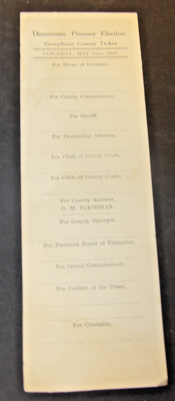 Super Rare 1908 Democratic Primary Ballot Greenbrier Co.  West Virginia