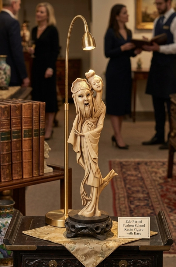 Vintage Heavy Resin Asain Girl Figurine With Opera Mask Attached Dark Wood Stand