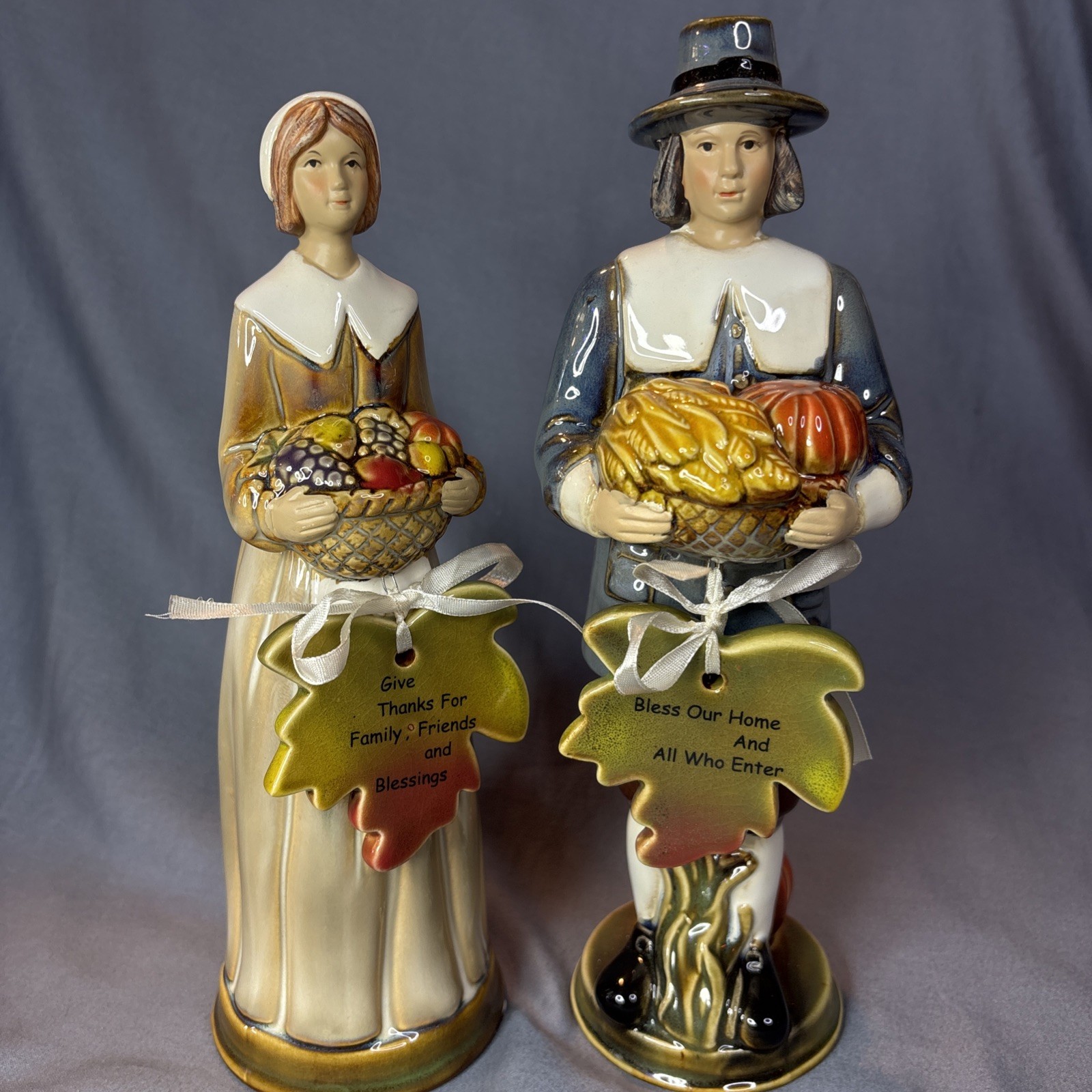 Tii Collections Thanksgiving Pilgrim Couple hand glazed ceramic Figurines 11”