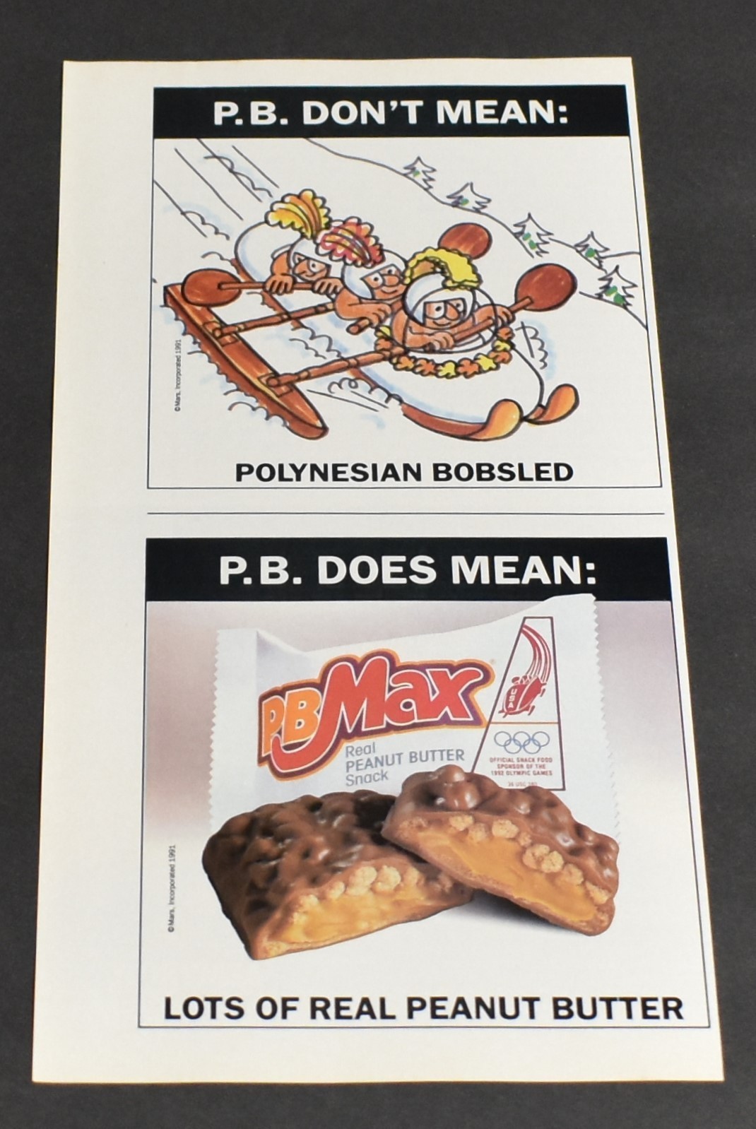1991 Print Ad PB Max Peanut Butter Does Not Mean Polynesian Bobsled Candy Bar