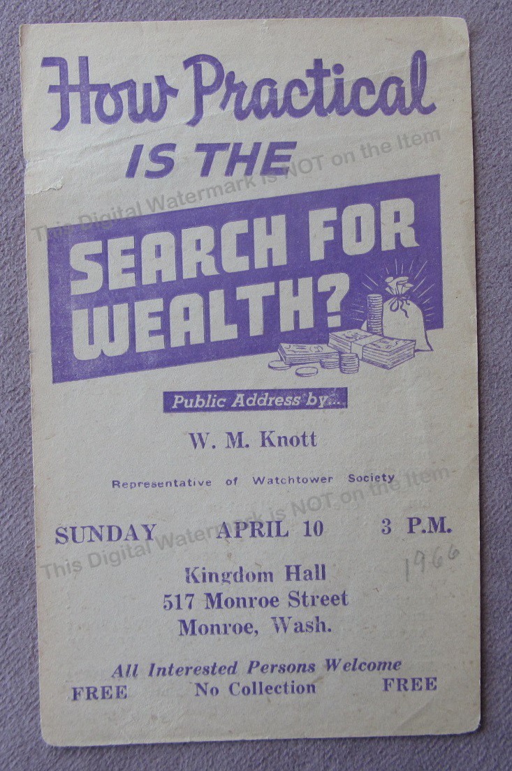1966 Jehovah Witness Flyer HOW PRACTICAL SEARCH FOR WEALTH Monroe WA W.M. Knott