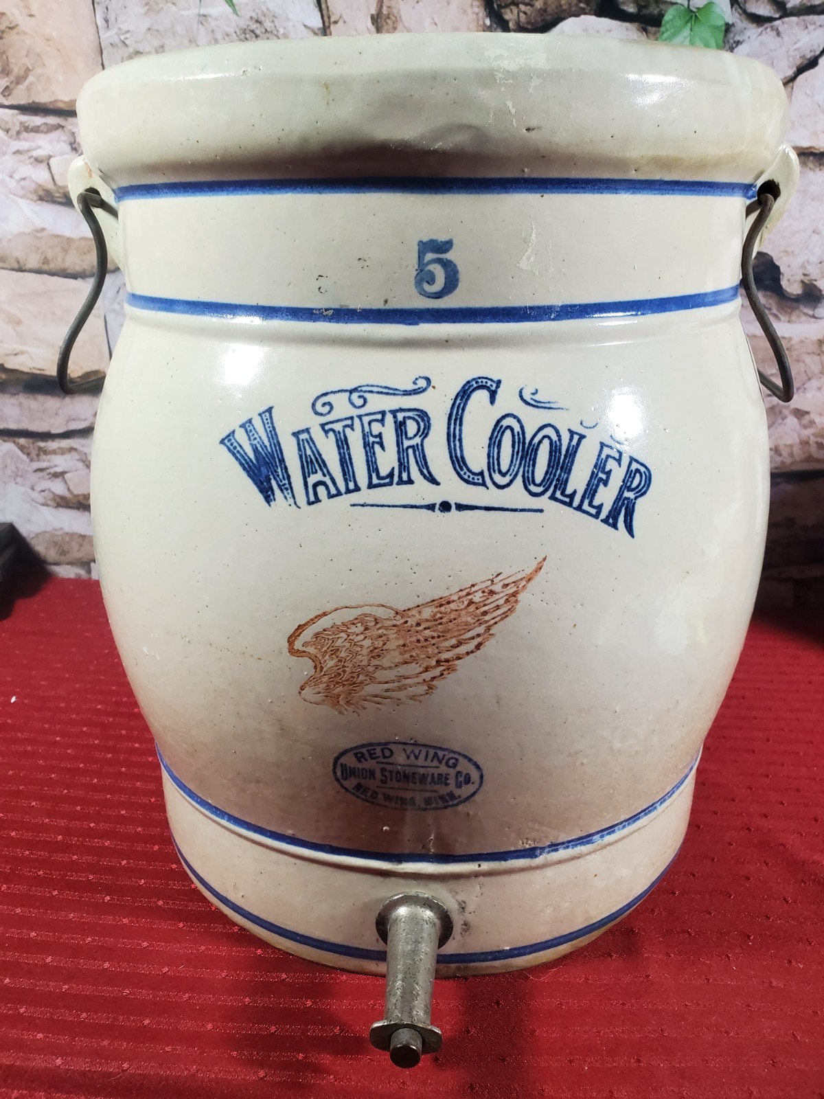 RedWing Ceramic Water Cooler Crock 5 Gal Spigot Works Beige/Blue NO Lid