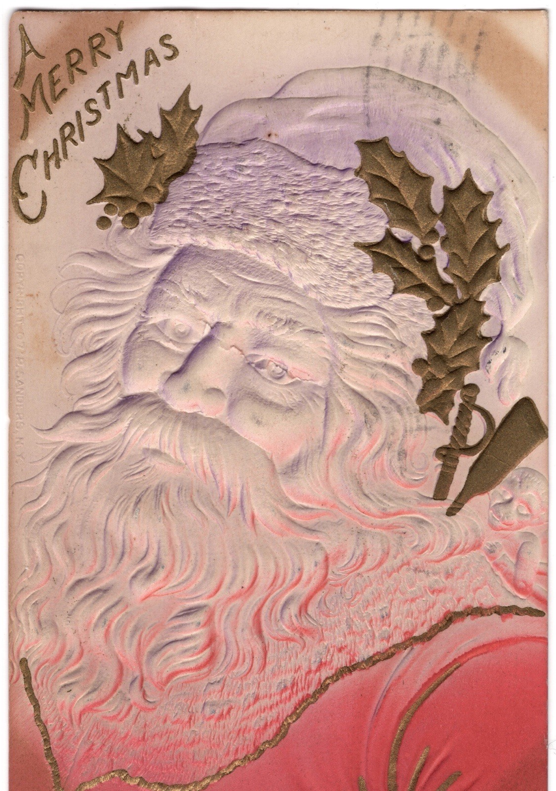 1908 Embossed Santa Claus Head Gold Holly Christmas Postcard Posted Oklahoma