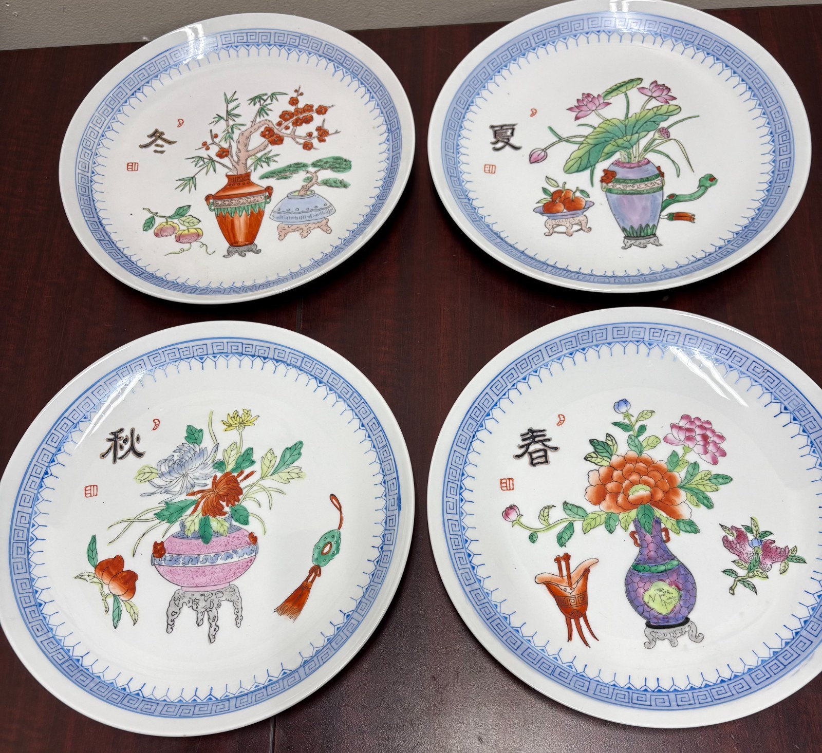Vintage Chinese Four Seasons Porcelain Decorative Plates Set of (4) Not For Food