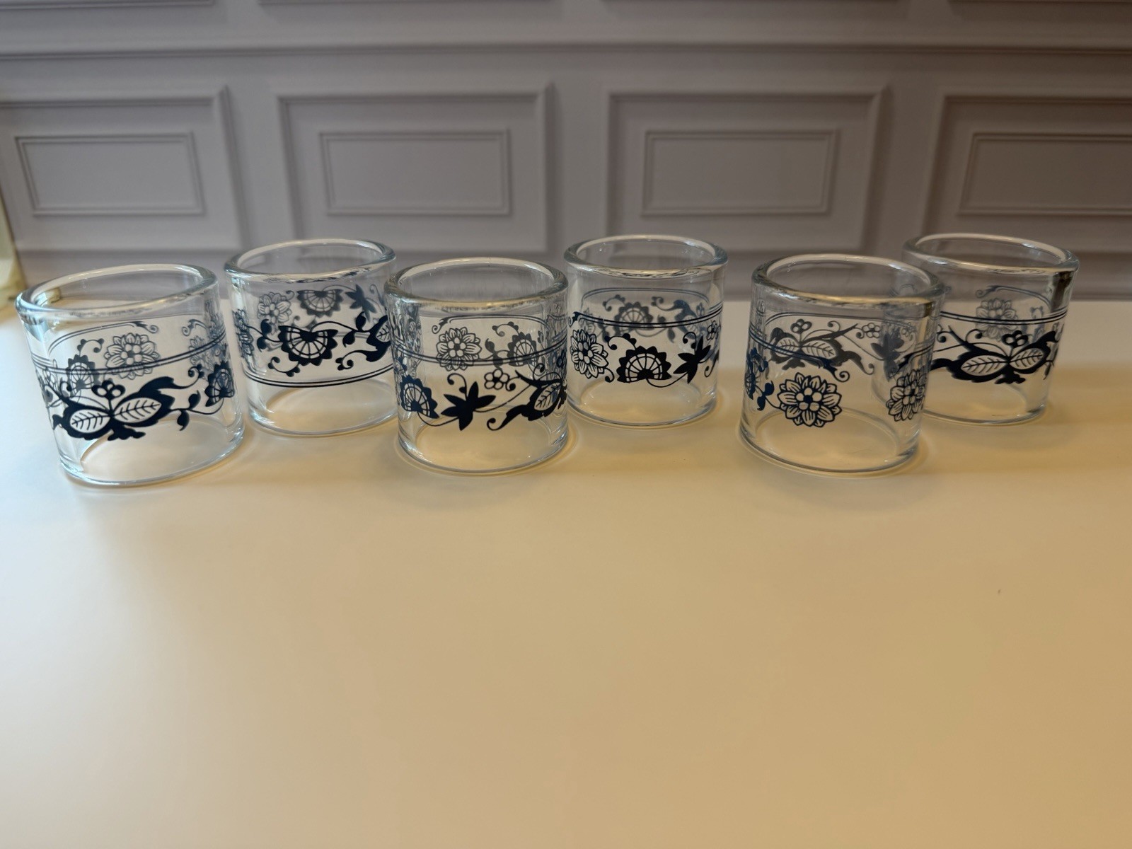 Vtg PYREX COMPATIBLES GLASS NAPKIN RINGS OLD TOWN BLUE Onion Set  OF 6