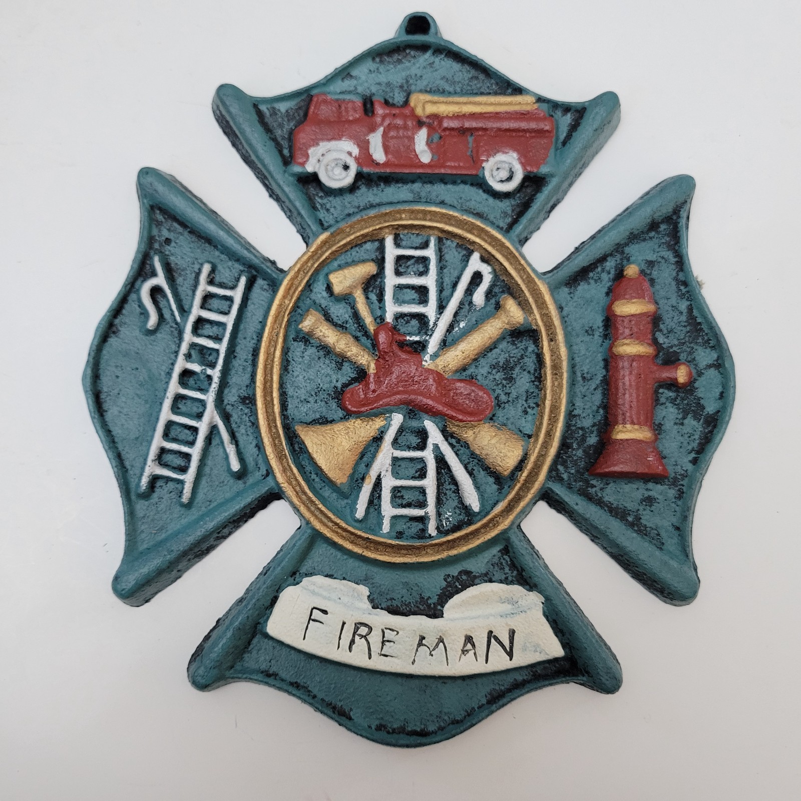 Vintage Firefighter Fireman Rescue Cast Iron Sign Wall Plaque Fire Decor 9\