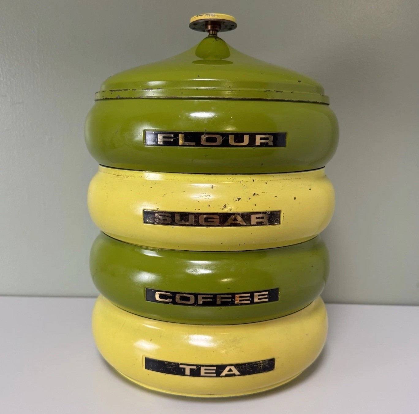 Vintage 70’s Pagoda Beehive Canister Set Enamel Metal Yellow Green Retro Kitchen