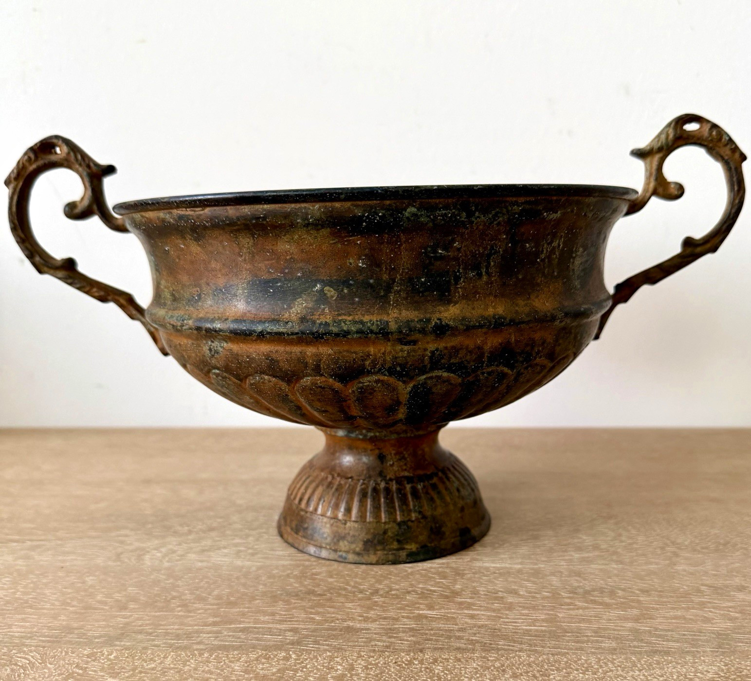Brass Handled Pedestal Bowl Urn Style Metal Bowl on Pedestal Base Decor Brass Handled Pedestal Bowl Urn Style Metal Bowl on Pedestal Base Decor