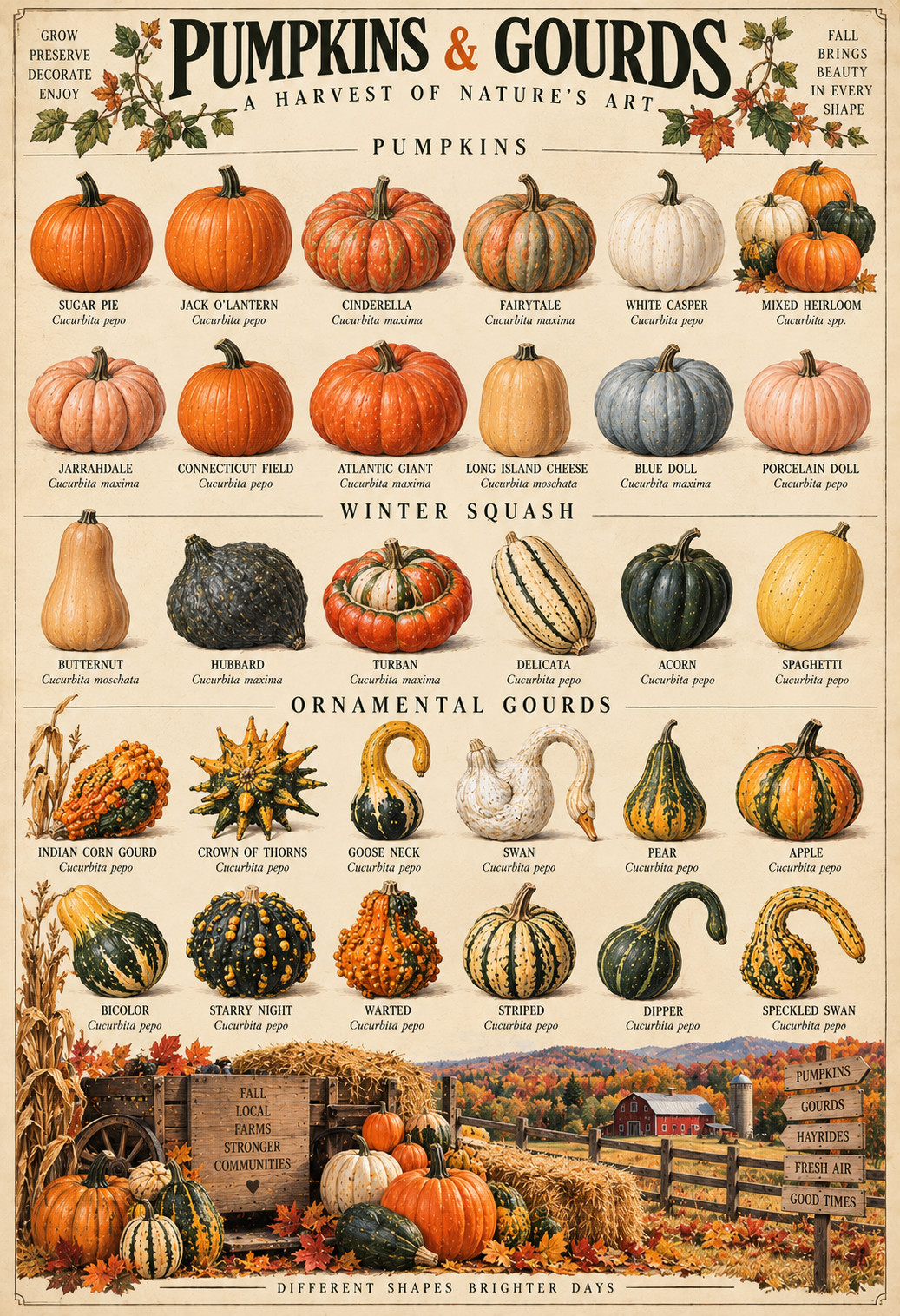 Pumpkins & Gourds Vintage Botanical Identification Chart Fall Poster 13x19