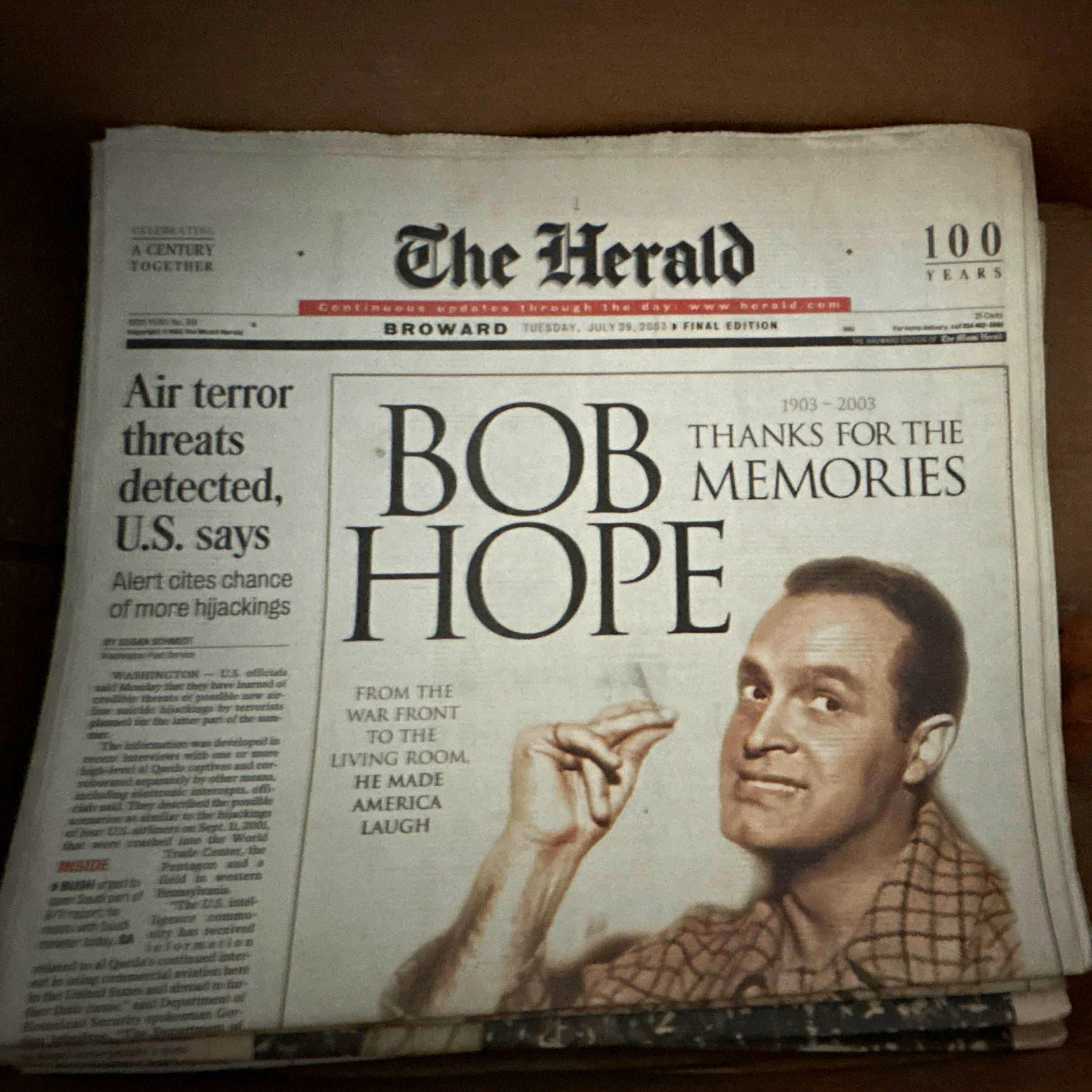 The Herald Newspaper Front Page - Bob Hope 
