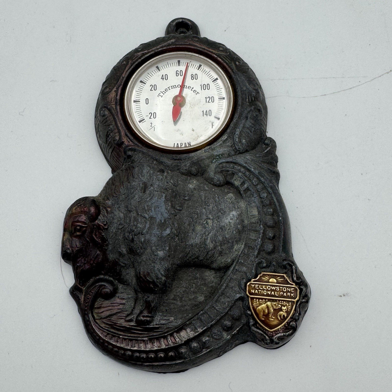 Vintage Yellowstone National Park Buffalo Bison Thermometer Souvenir Cast Metal