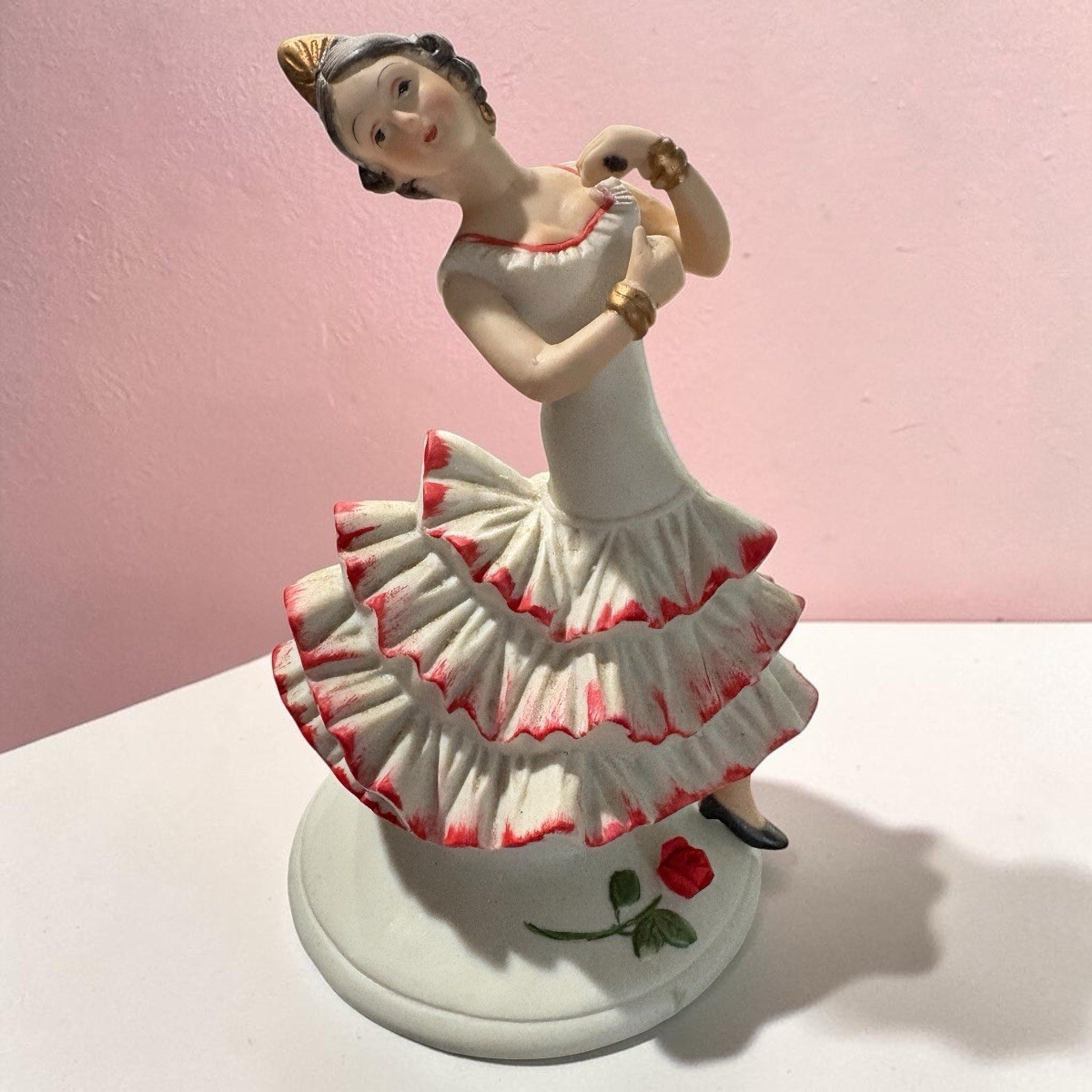 •  Vintage UCGC Porcelain Flamenco Dancer Figurine White Red Ruffle Dress Taiwan