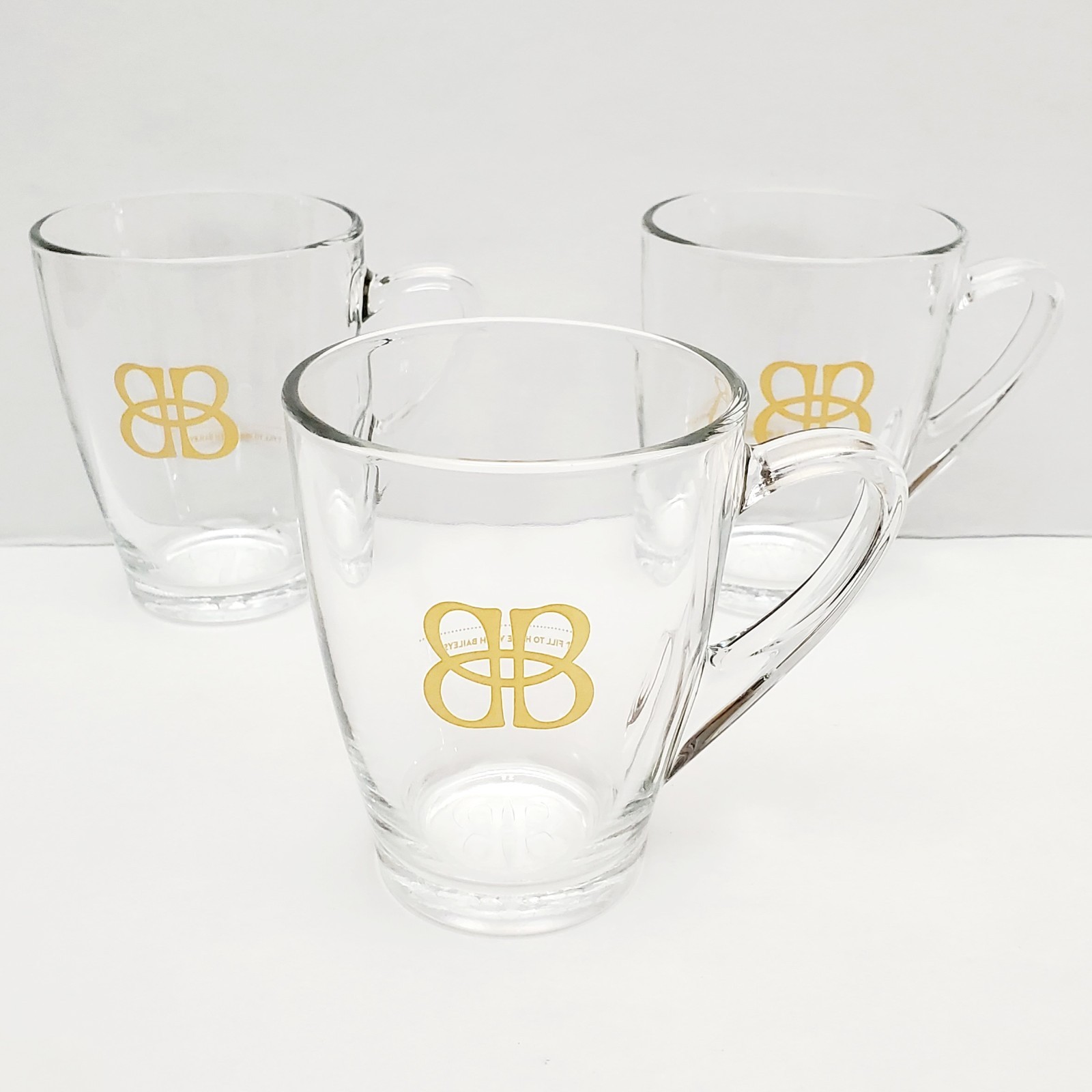 BAILEYS Irish Cream 3 x Vintage Clear Glass & Gold BB Logo Coffee Mug Cup Set