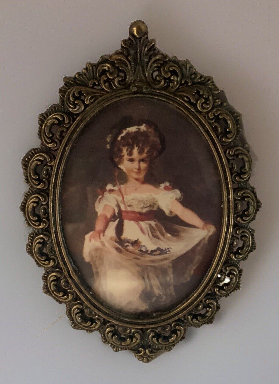 VINTAGE Ornate Picture Frame Girl With Flowers Wall Art Velvet Back Italy