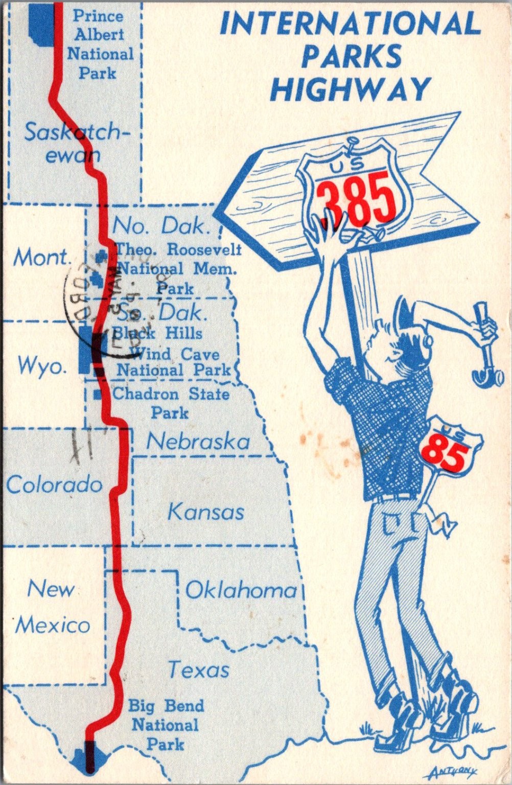 Vintage 1965 International Parks Highway US 85 Map Postcard ArtTyrok