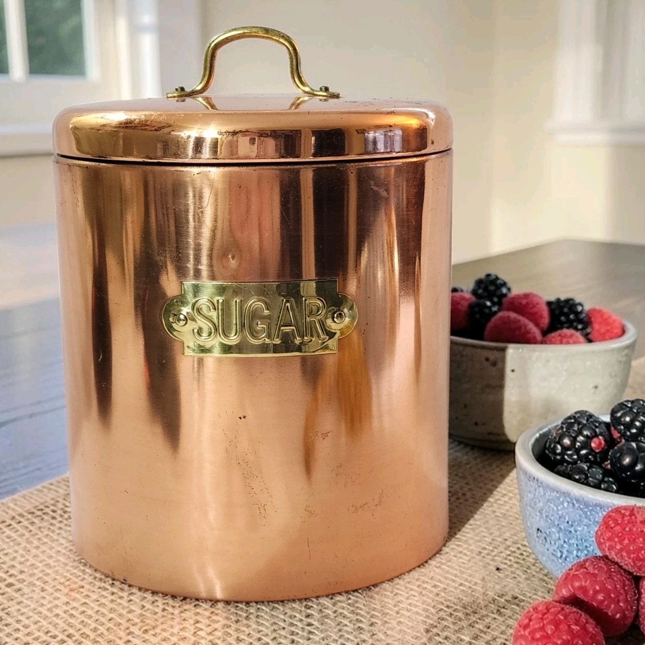 Vtg Copper & Brass Sugar Label Lidded Canister 8\