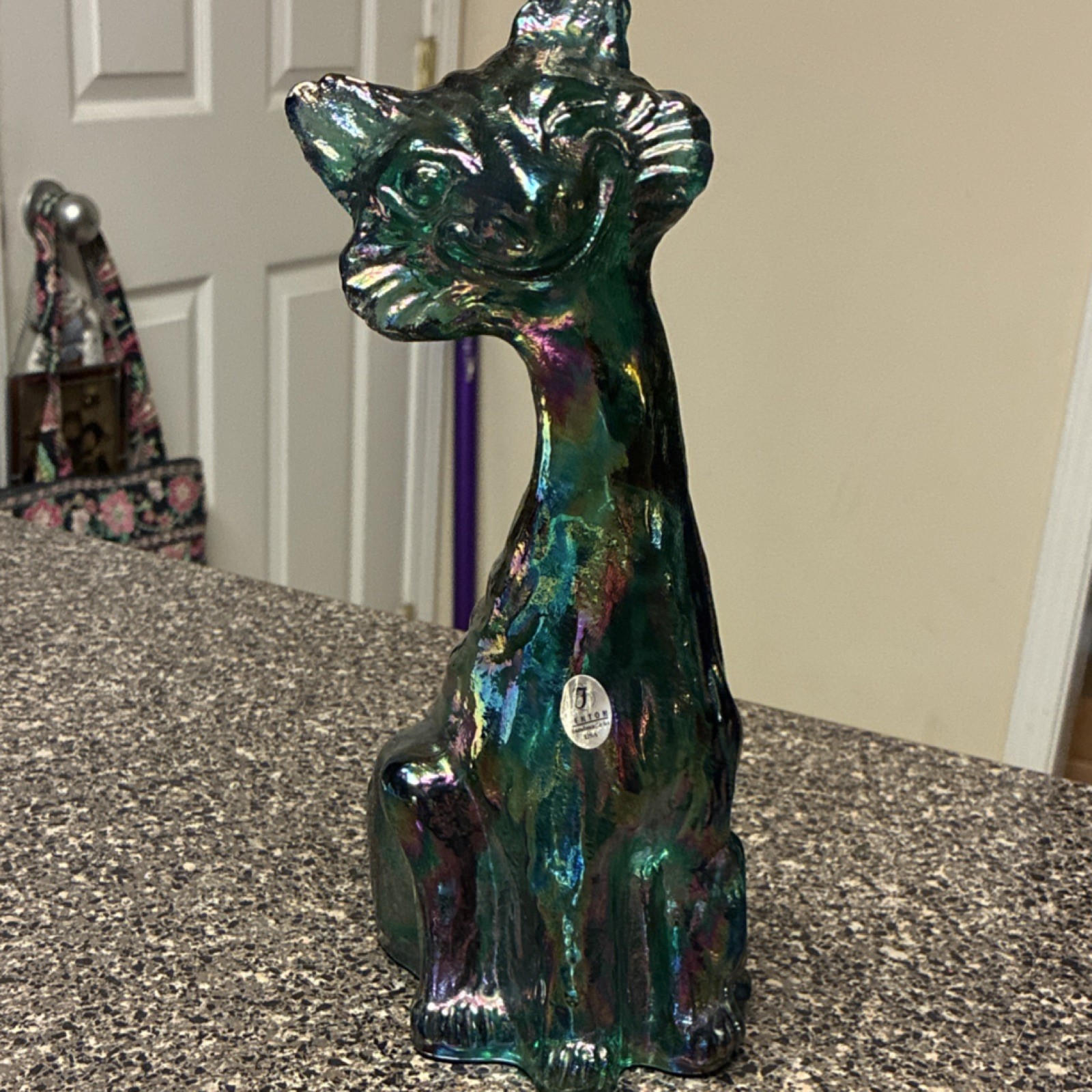 Fenton Iridescent Teal Green 11” Winking Glass Alley Cat GLOWS