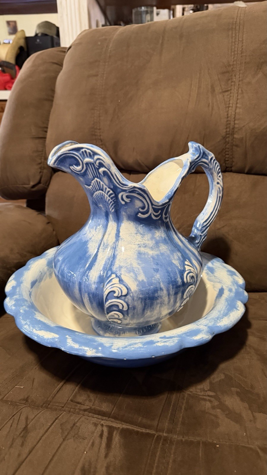 Vintage Blue & White Ceramic Pitcher Wash Basin Bowl Set 14” Cottage Decor