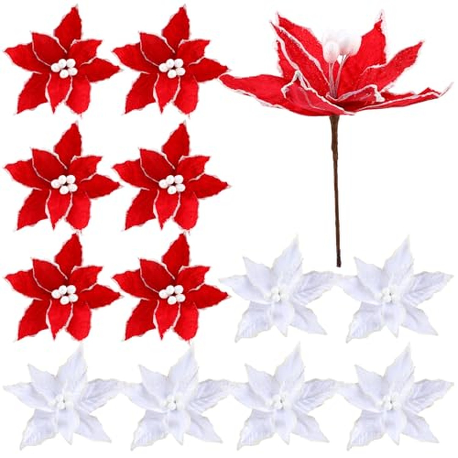 Zeyune 12 Pcs Red and White Christmas Poinsettia Flowers Artificial Large Poi...