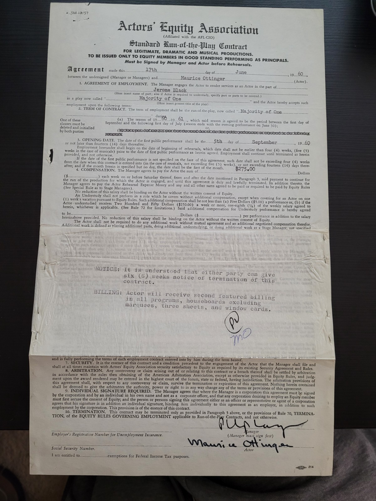 Vintage 1960 Actors Equity Contract Majority Of One Play Maurice Ottinger Vintage 1960 Actors Equity Contract Majority Of One Play Maurice Ottinger
