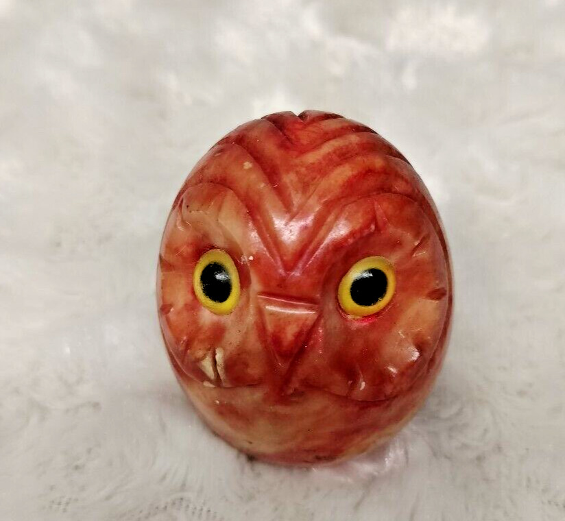 Small Hand Carved Red Stone Owl Glass Eyes 2\